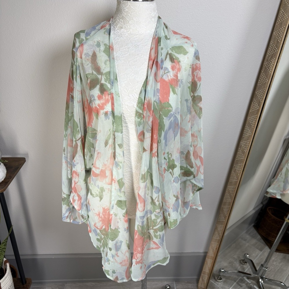 Christopher Banks Women OS Green Kimono Floral Sheer Chiffon Swim Cover